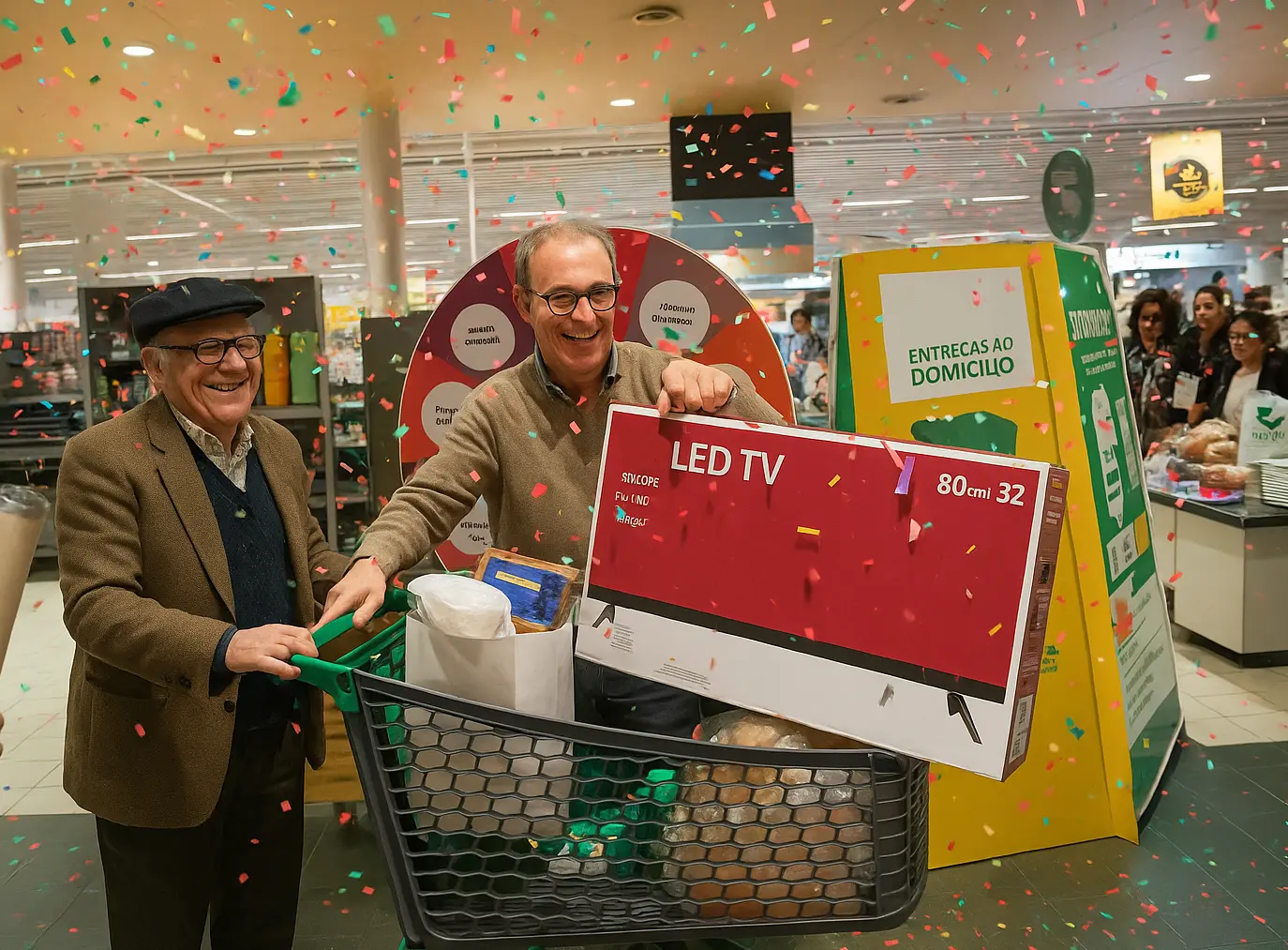 Dois felizes ganhadores de uma Led TV depois de participarem na Roda da Sorte